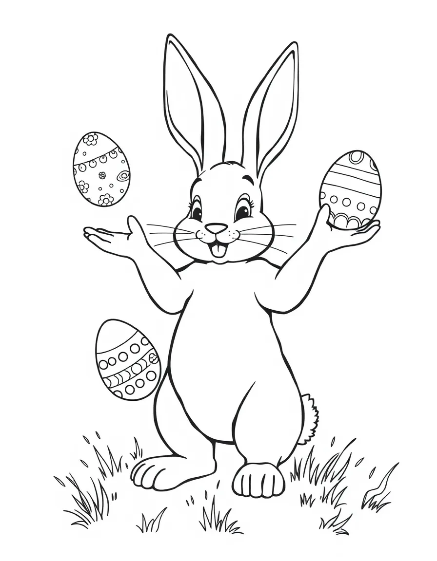 A bunny juggling Easter eggs of different patterns