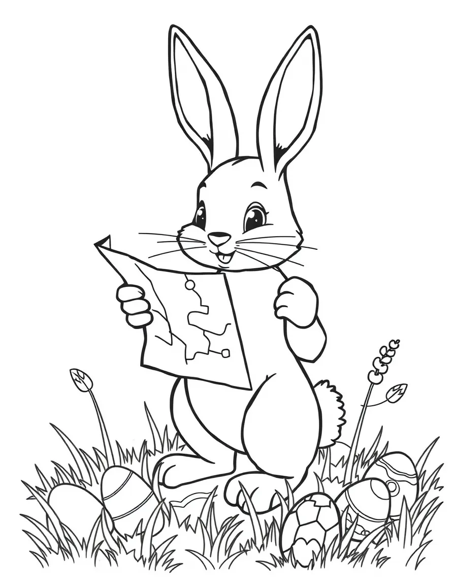 A bunny holding a map while searching for hidden Easter eggs