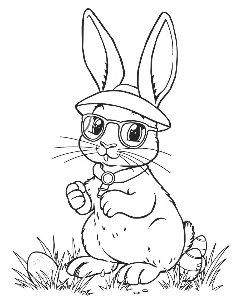A bunny wearing a detective hat looking for clues to Easter treasures