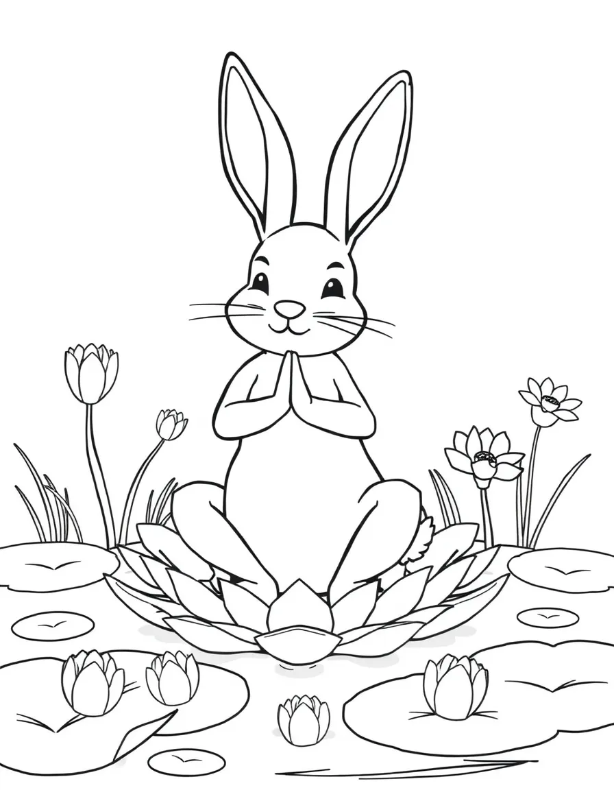 A bunny doing yoga poses on a lily pad in a spring pond