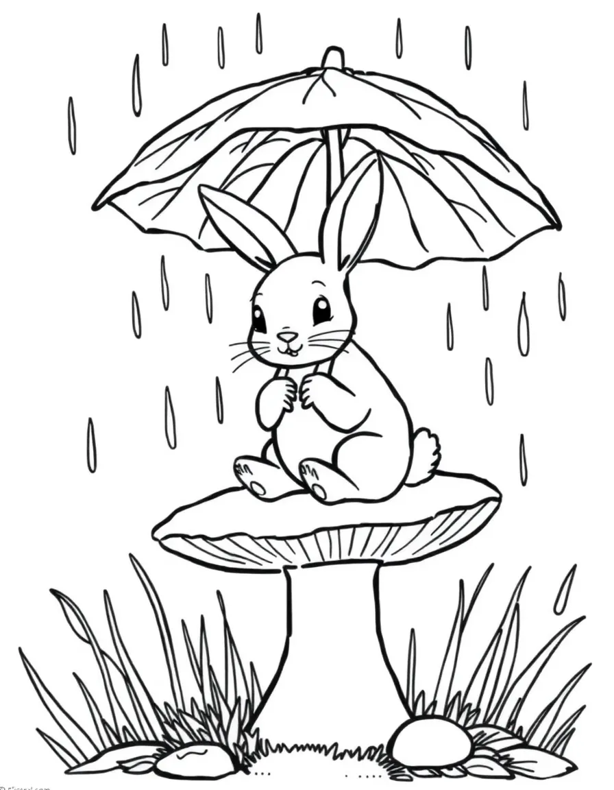 A bunny sitting on a mushroom while it rains, holding a leaf umbrella