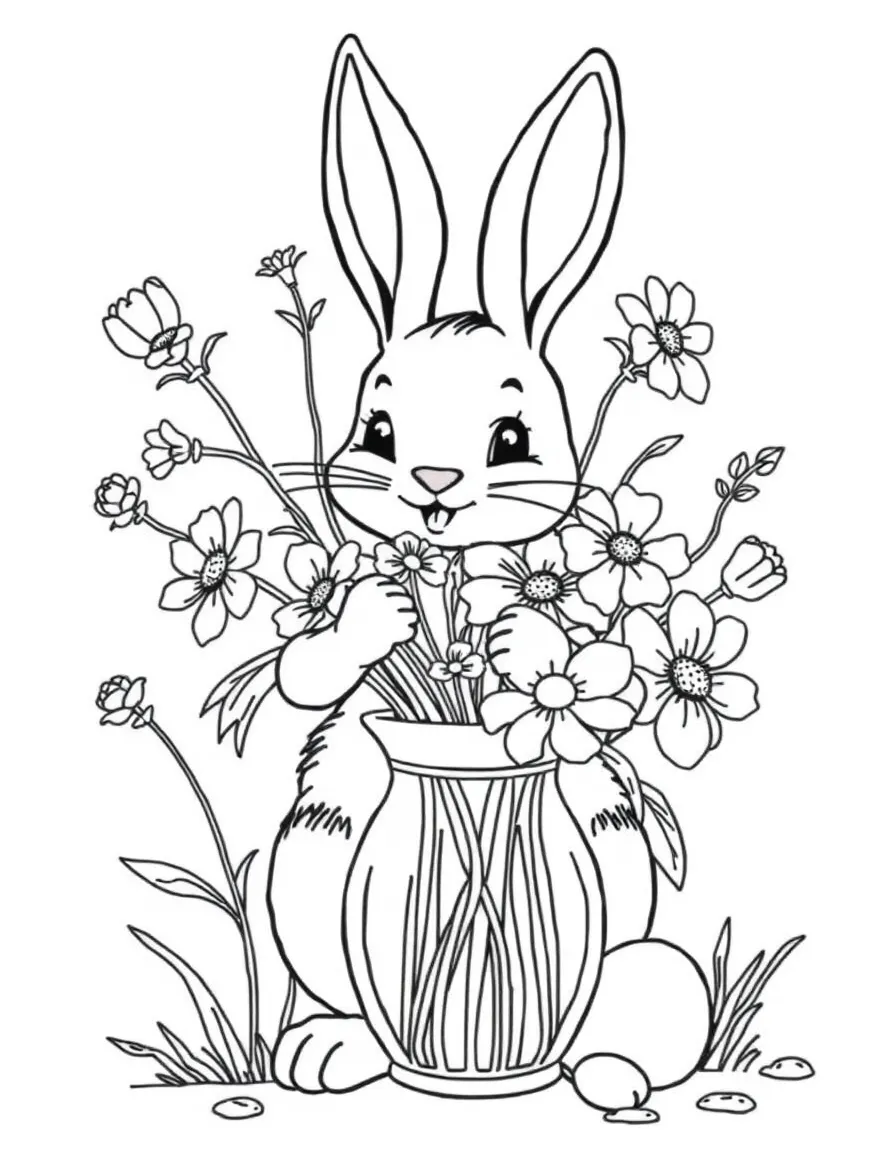 A bunny arranging flowers in a vase for an Easter celebration