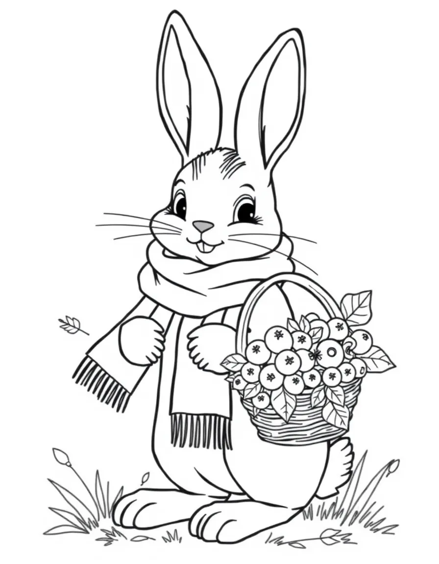 A bunny wearing a scarf and carrying a basket of spring berries