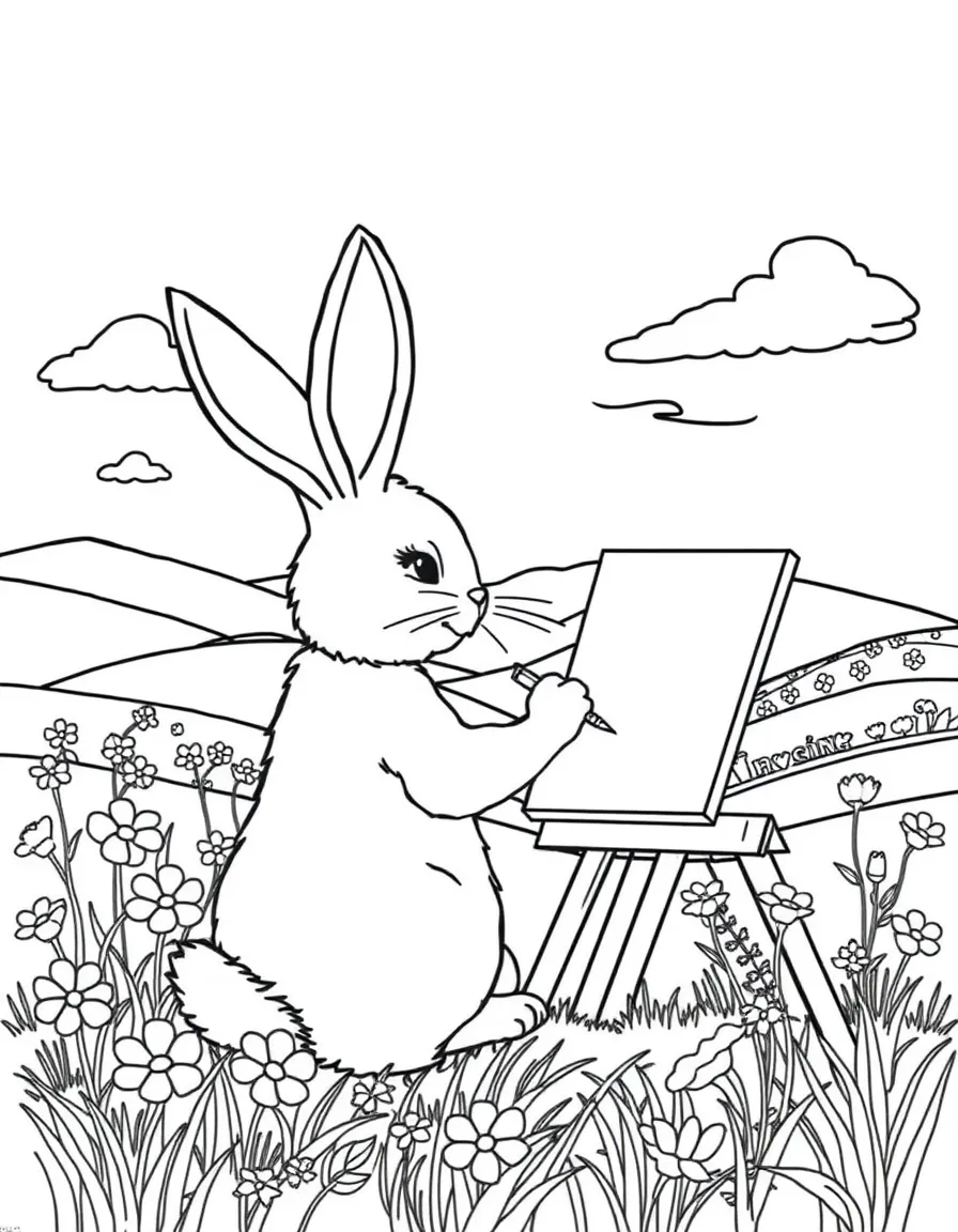 A bunny painting a landscape of spring flowers and rolling hills