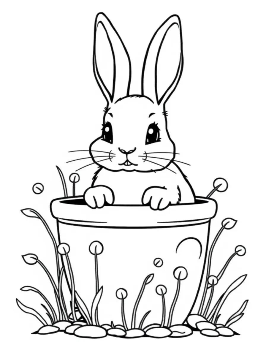 A bunny sitting in a flower pot surrounded by sprouting seeds