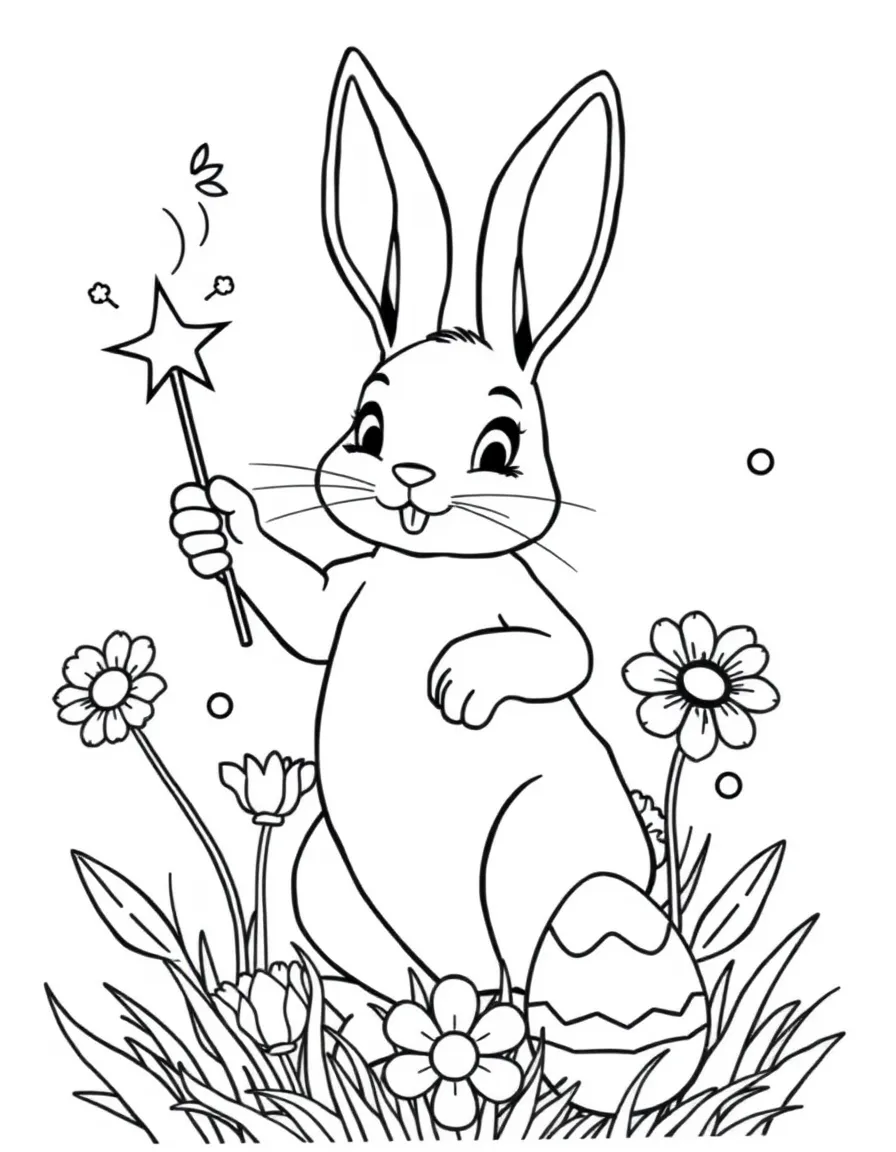 A bunny with a magic wand turning flowers into Easter eggs