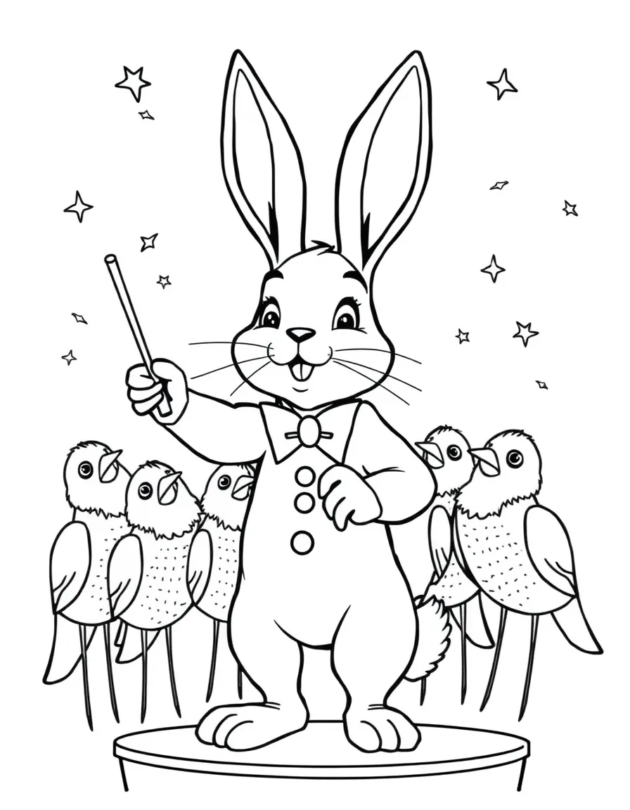 A bunny conductor leading a choir of singing birds