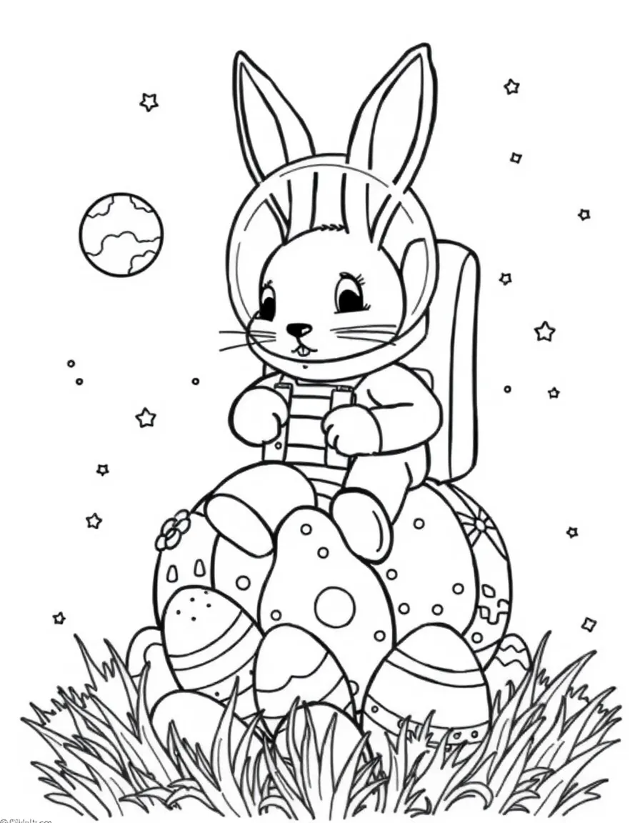 A bunny astronaut exploring a planet made of Easter eggs