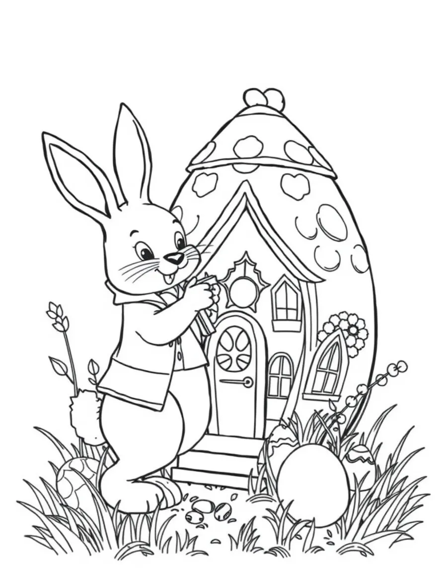 A bunny architect designing an elaborate Easter egg home