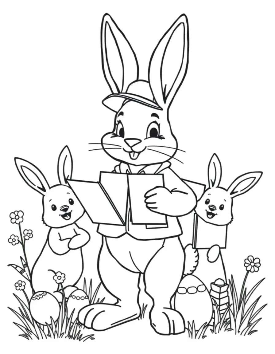 A bunny postal worker delivering Easter cards to animal friends