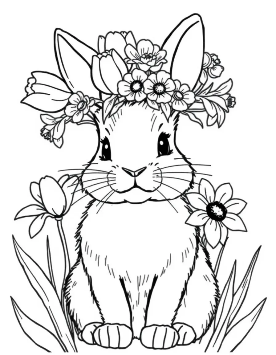A bunny wearing a crown of tulips and daffodils