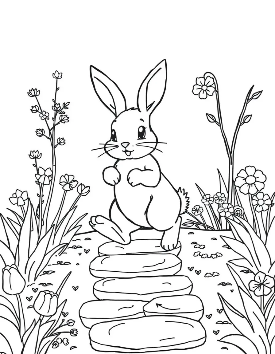 A bunny playing hopscotch on stepping stones in a garden