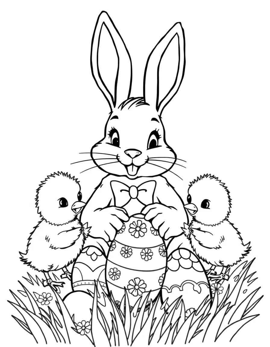 A bunny teaching baby chicks how to decorate Easter eggs