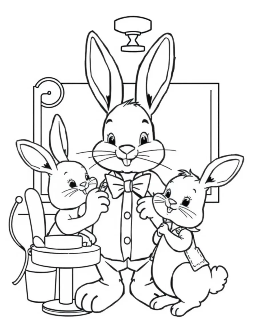 A bunny barber giving haircuts to other bunny friends