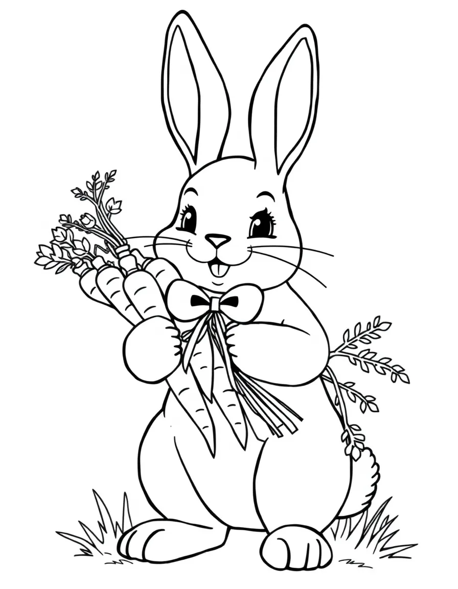 A bunny holding a bouquet of carrots tied with a ribbon