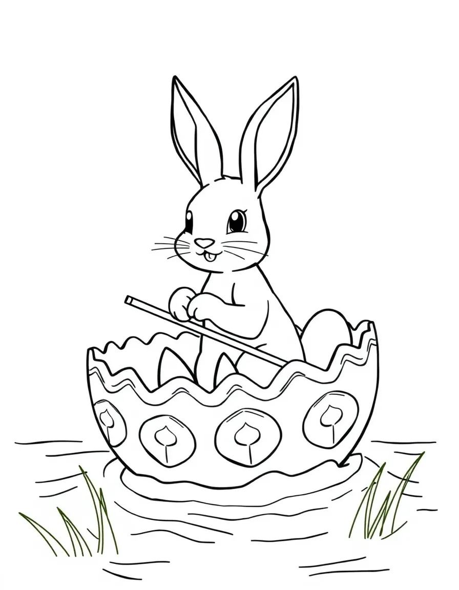 A bunny sailing in a boat made from a large Easter egg shell