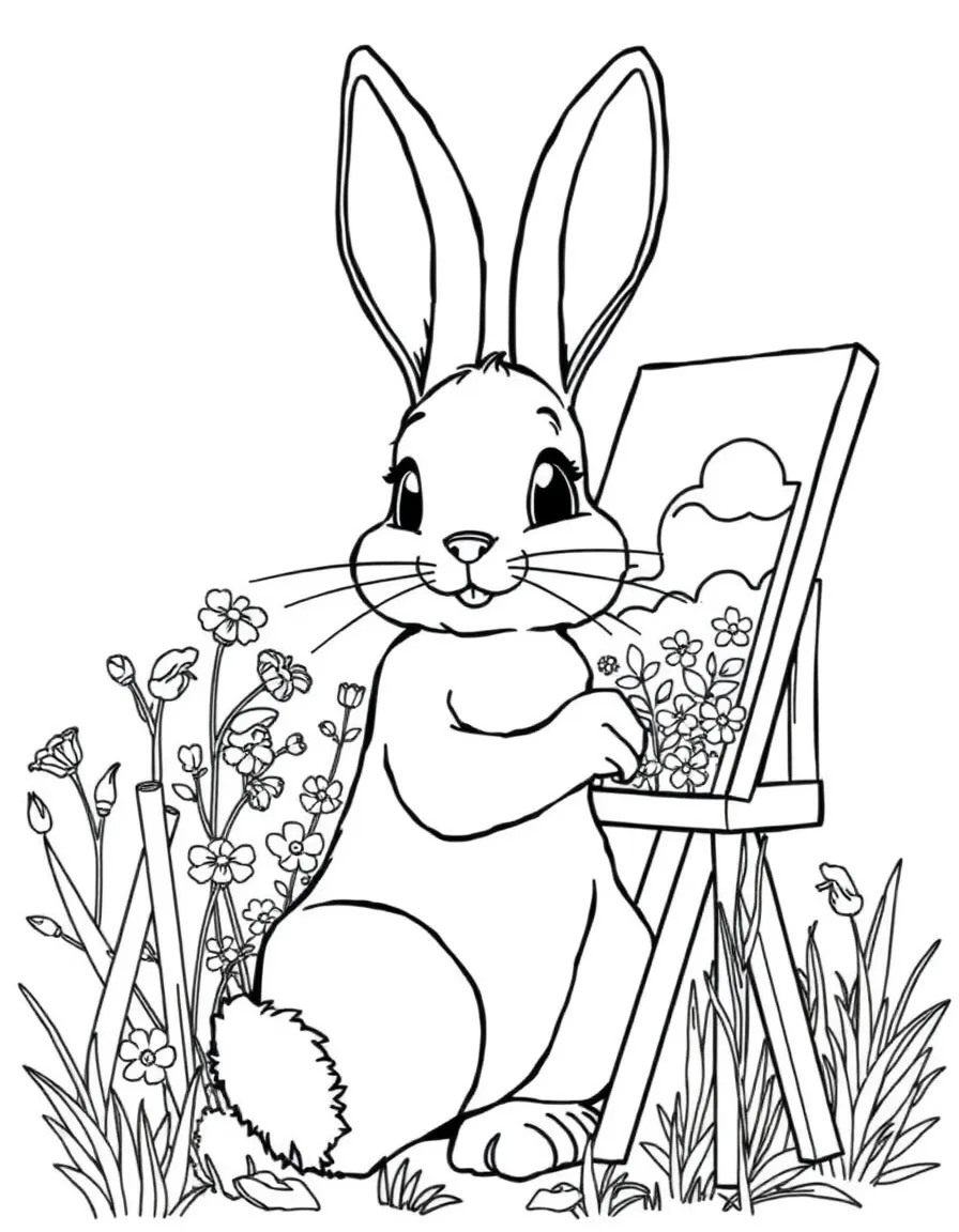 A bunny artist painting a portrait of a spring scene