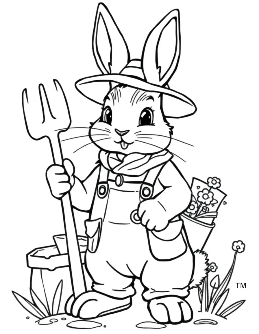 A bunny dressed as a gardener with tools and seed packets