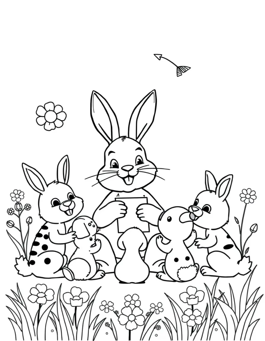 A bunny teaching a class of baby animals about spring