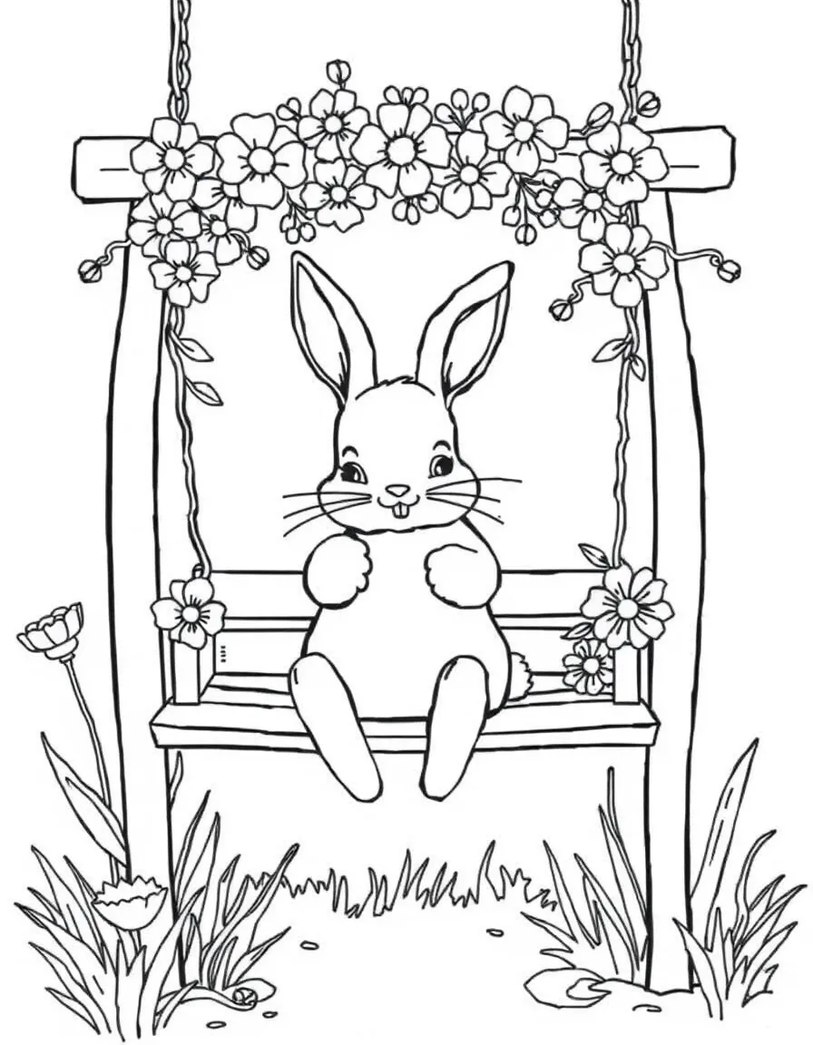 A bunny swinging on a garden swing decorated with flowers