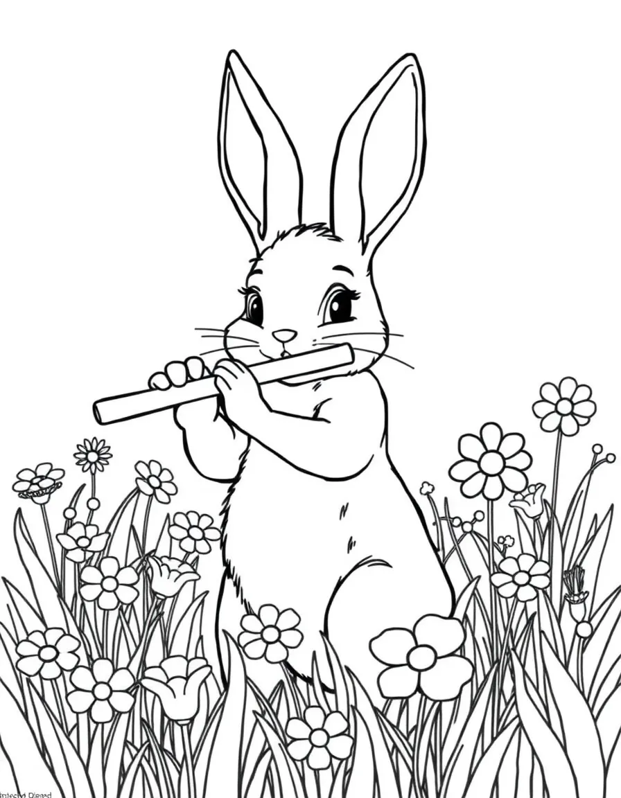 A bunny playing a flute in a field of spring flowers