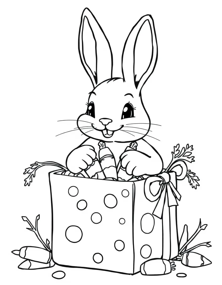 A bunny opening a present filled with carrot seeds