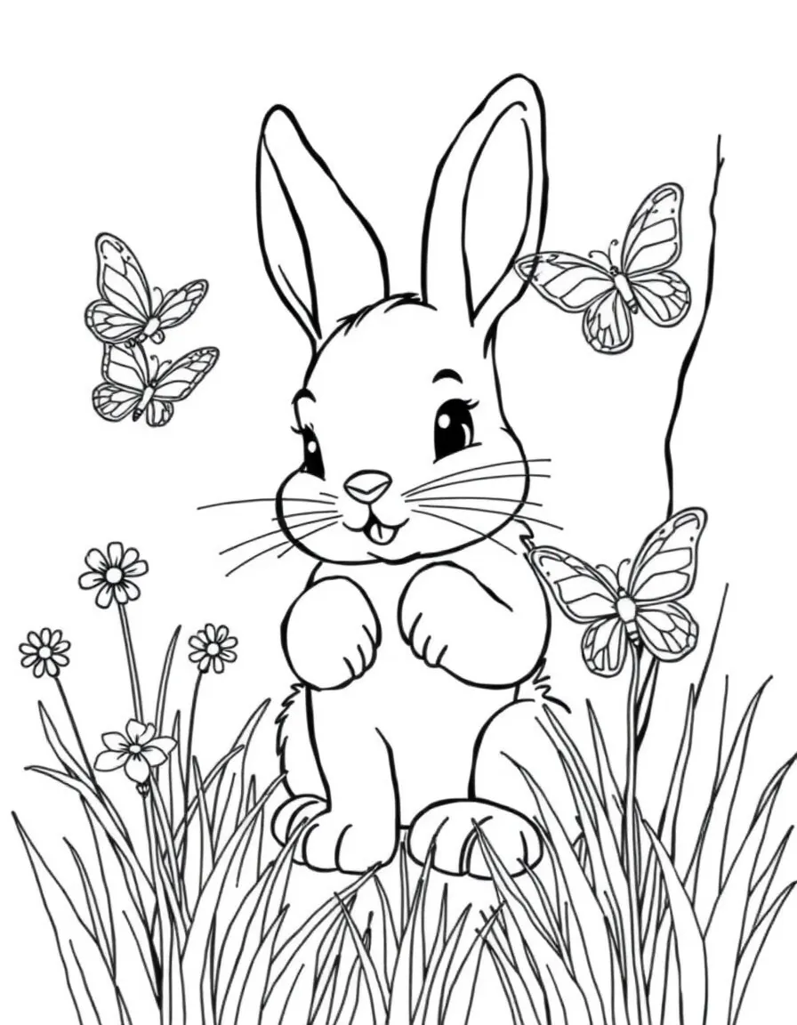 A bunny playing hide-and-seek with butterflies