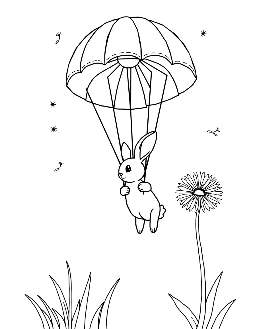 A bunny parachuting with a dandelion seed parachute