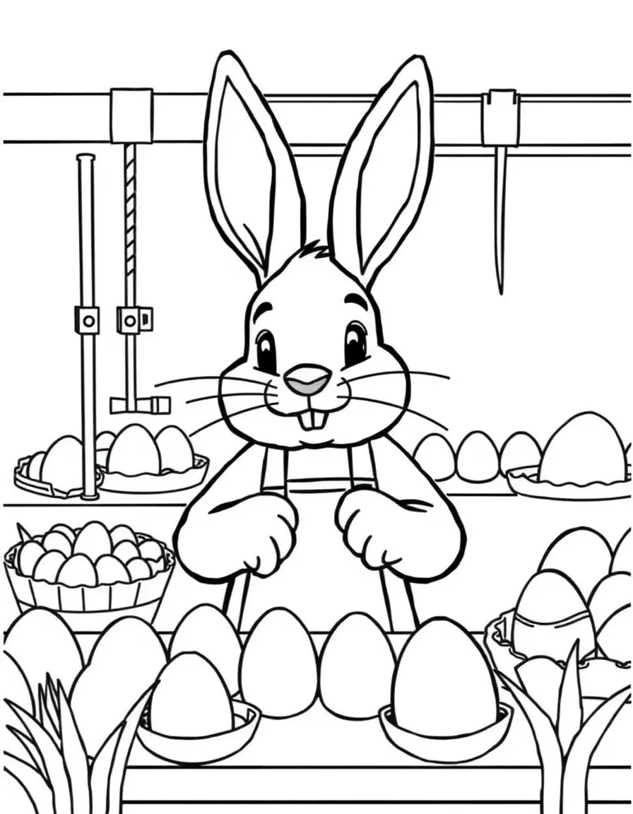 A bunny working at an Easter egg factory assembly line
