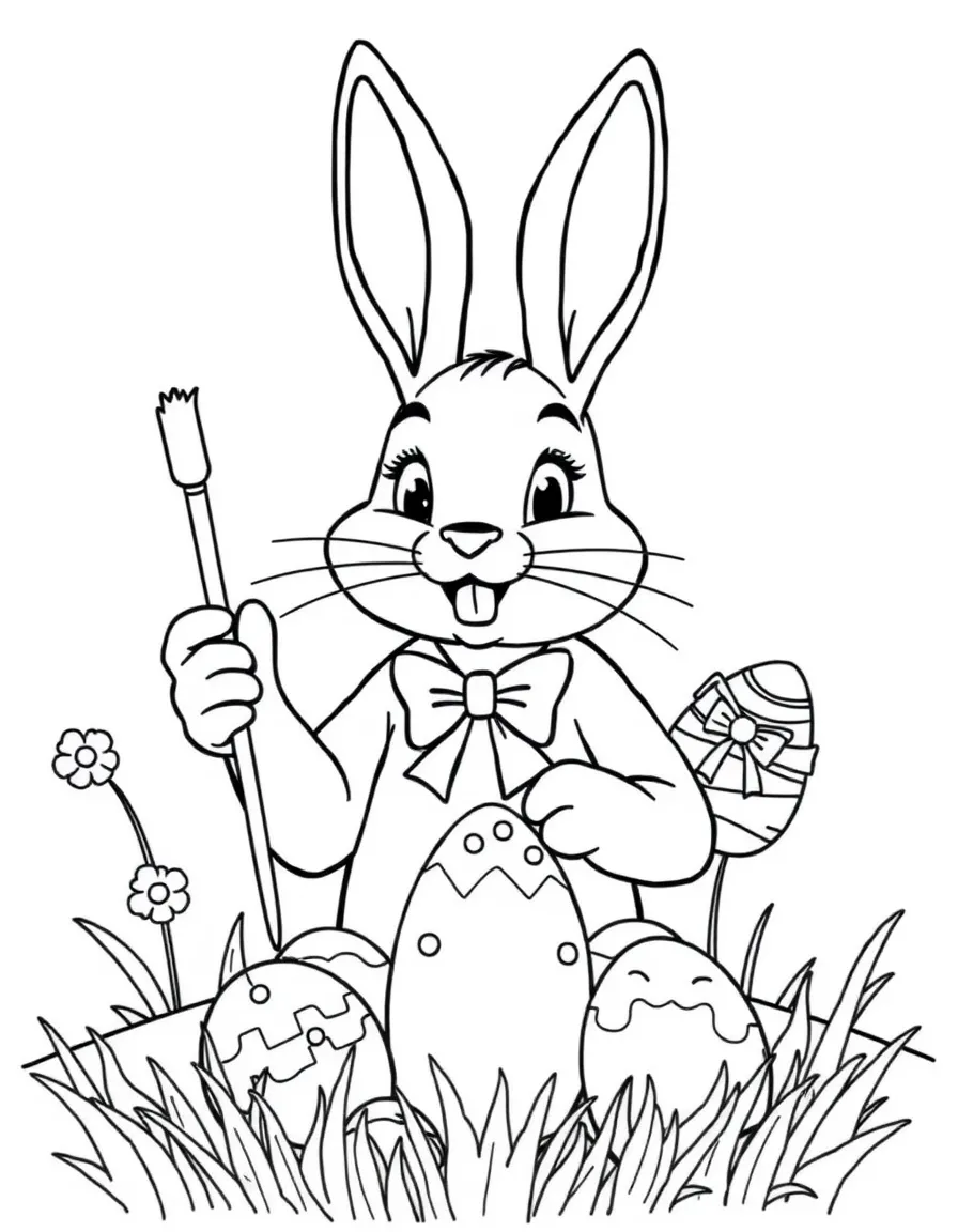 A bunny hosting an Easter egg decorating competition