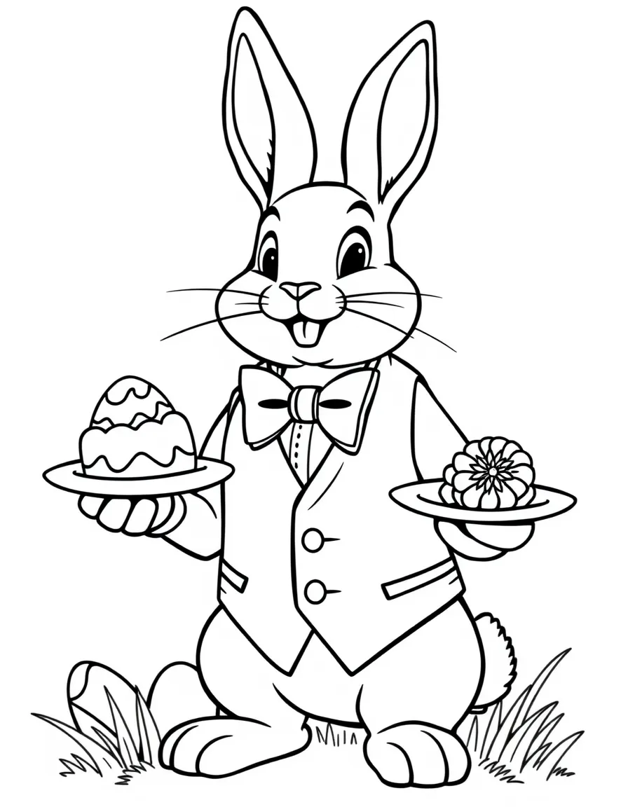 A bunny wearing a vest and bow tie serving Easter treats