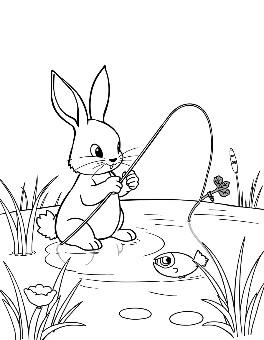 A bunny fishing in a pond with a carrot as bait