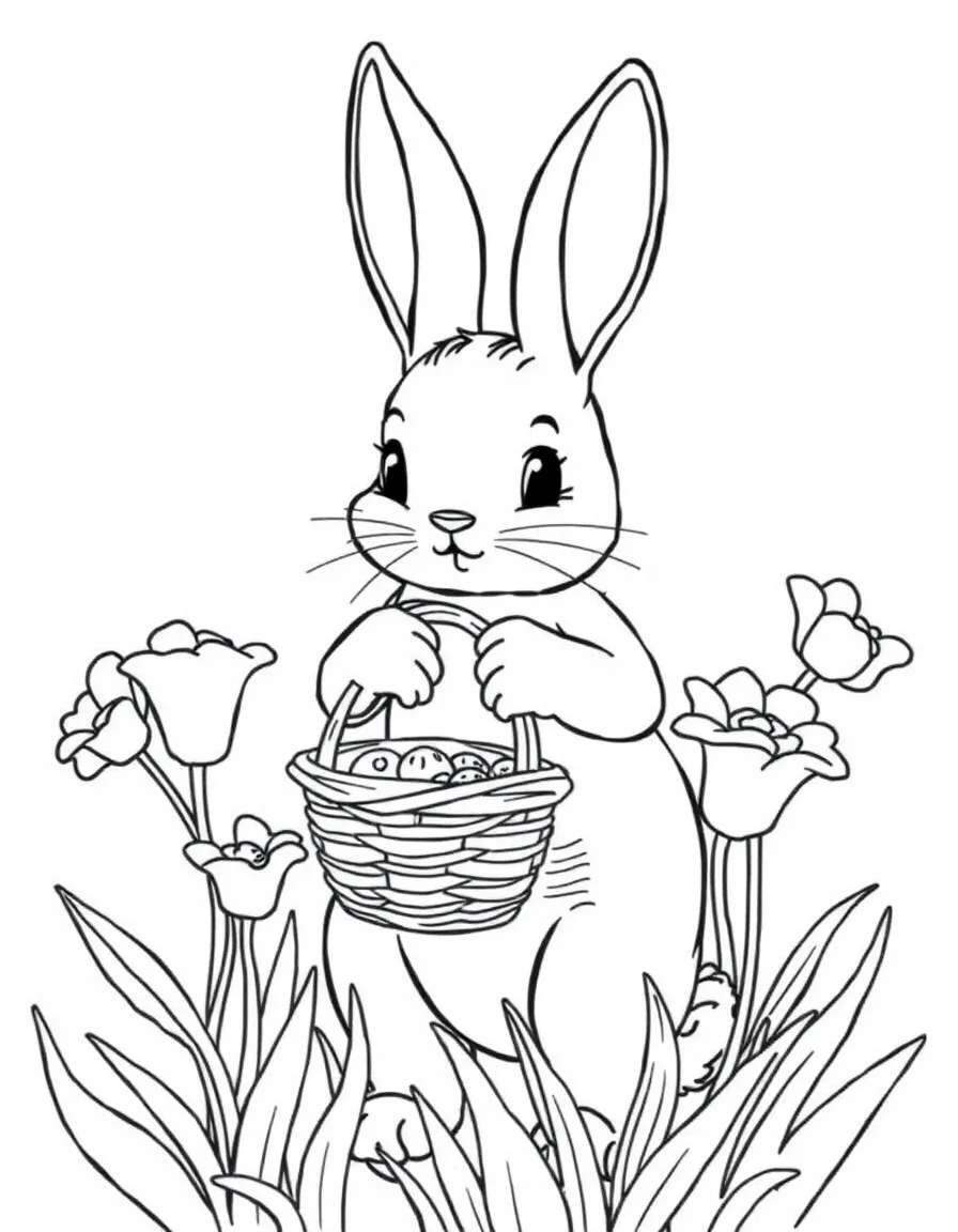 A bunny with a basket collecting morning dew in flower cups