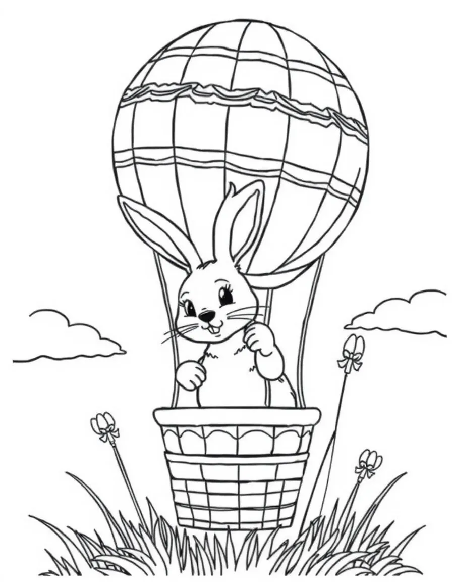A bunny operating a hot air balloon shaped like an Easter egg