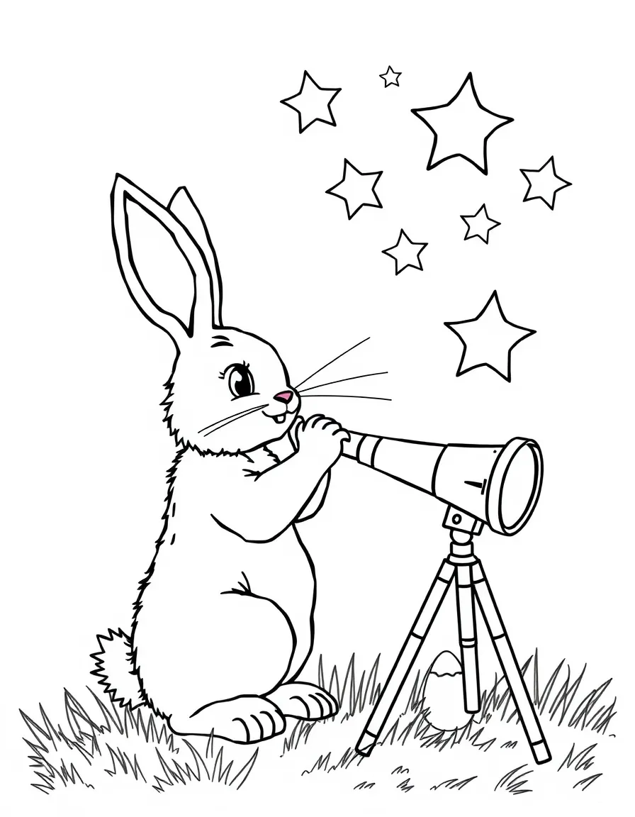 A bunny with a telescope observing stars shaped like Easter eggs