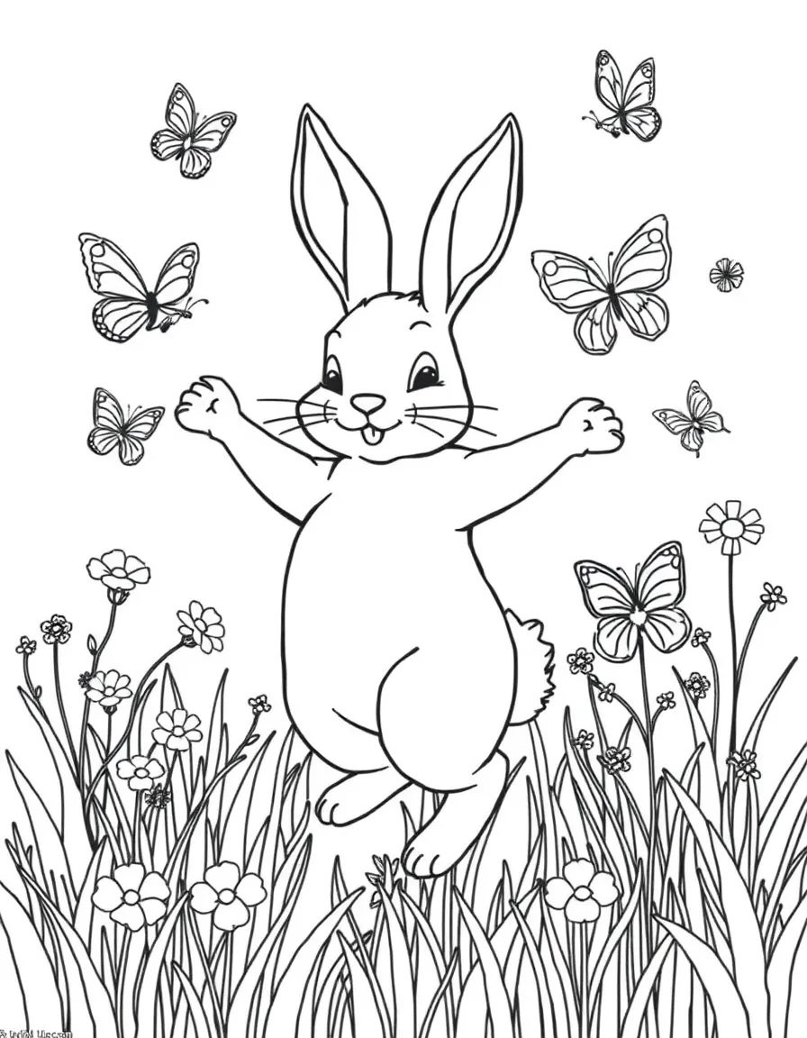 A bunny dancing with butterflies in a spring meadow