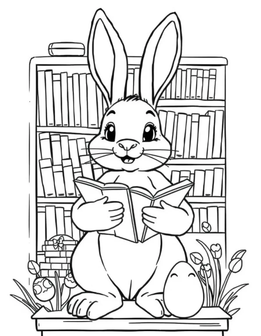 A bunny librarian organizing books about spring and Easter