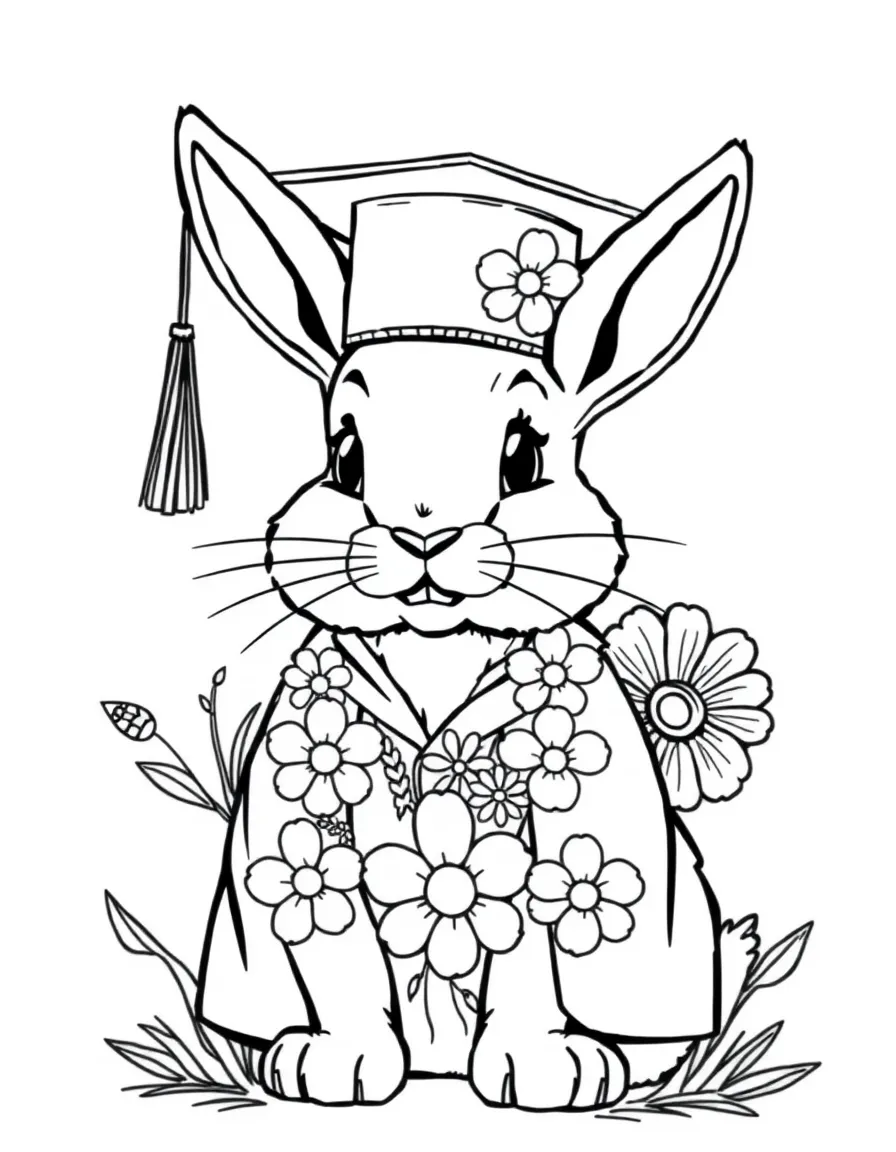 A bunny wearing a graduation cap and gown made of flowers