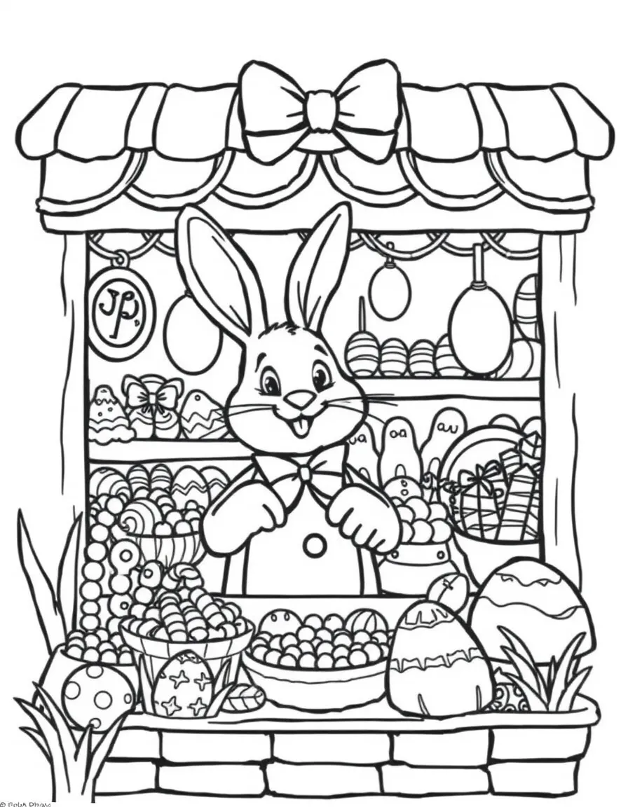 A bunny operating a candy shop filled with Easter treats