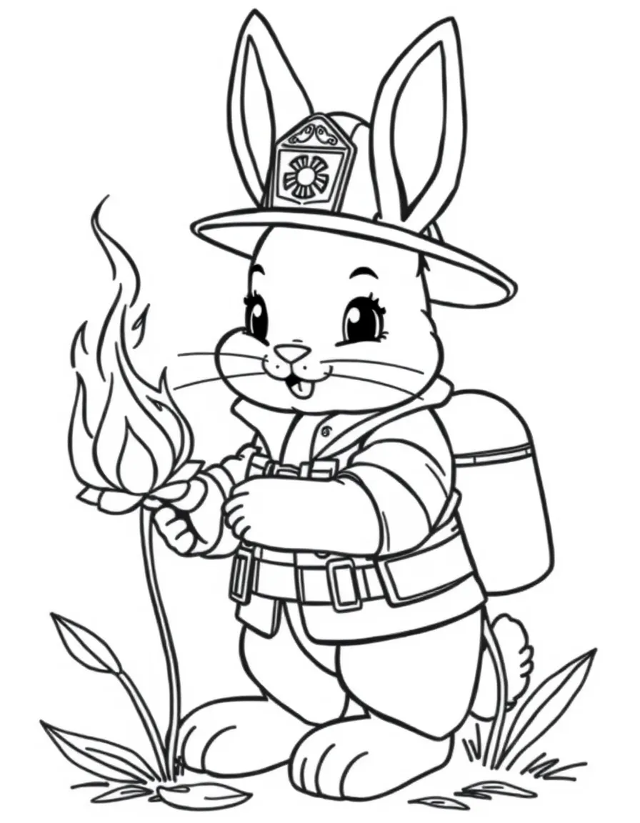 A bunny dressed as a firefighter putting out a flower fire