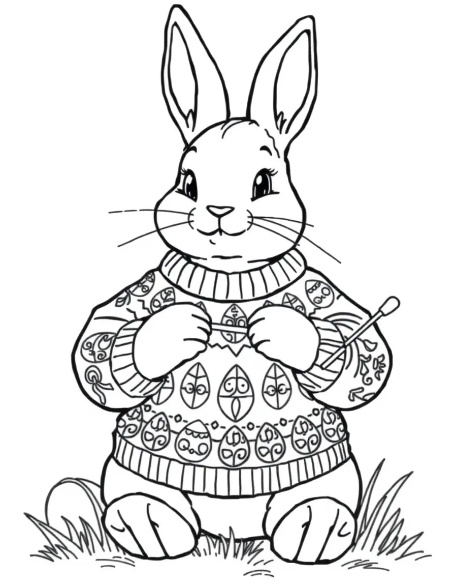 A bunny knitting a sweater with Easter egg patterns