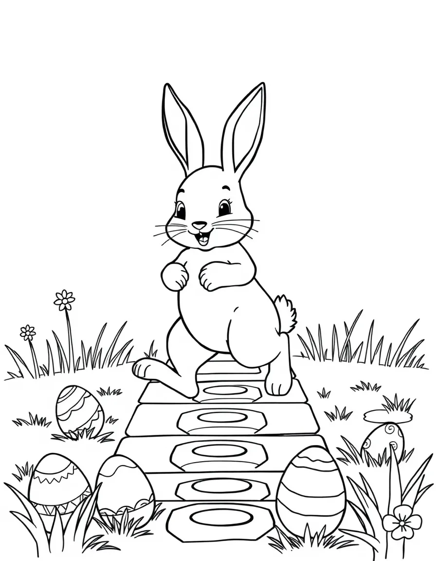 A bunny playing hopscotch on a path of Easter eggs