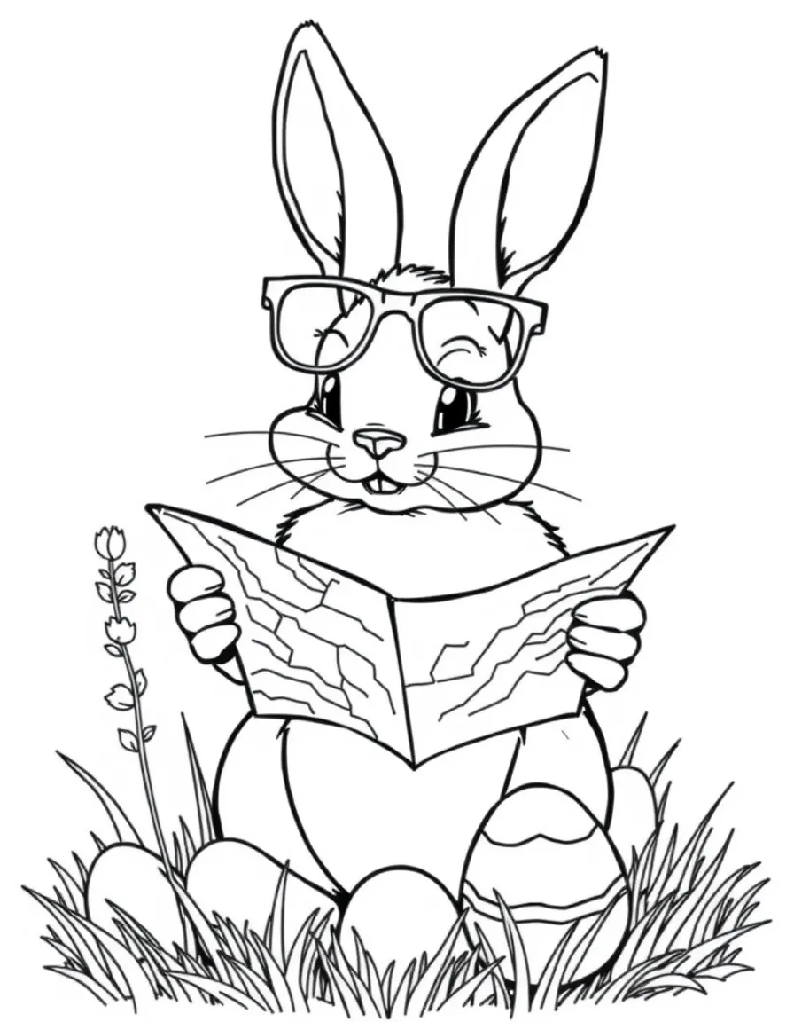 A bunny with bifocals reading a tiny map to find Easter eggs