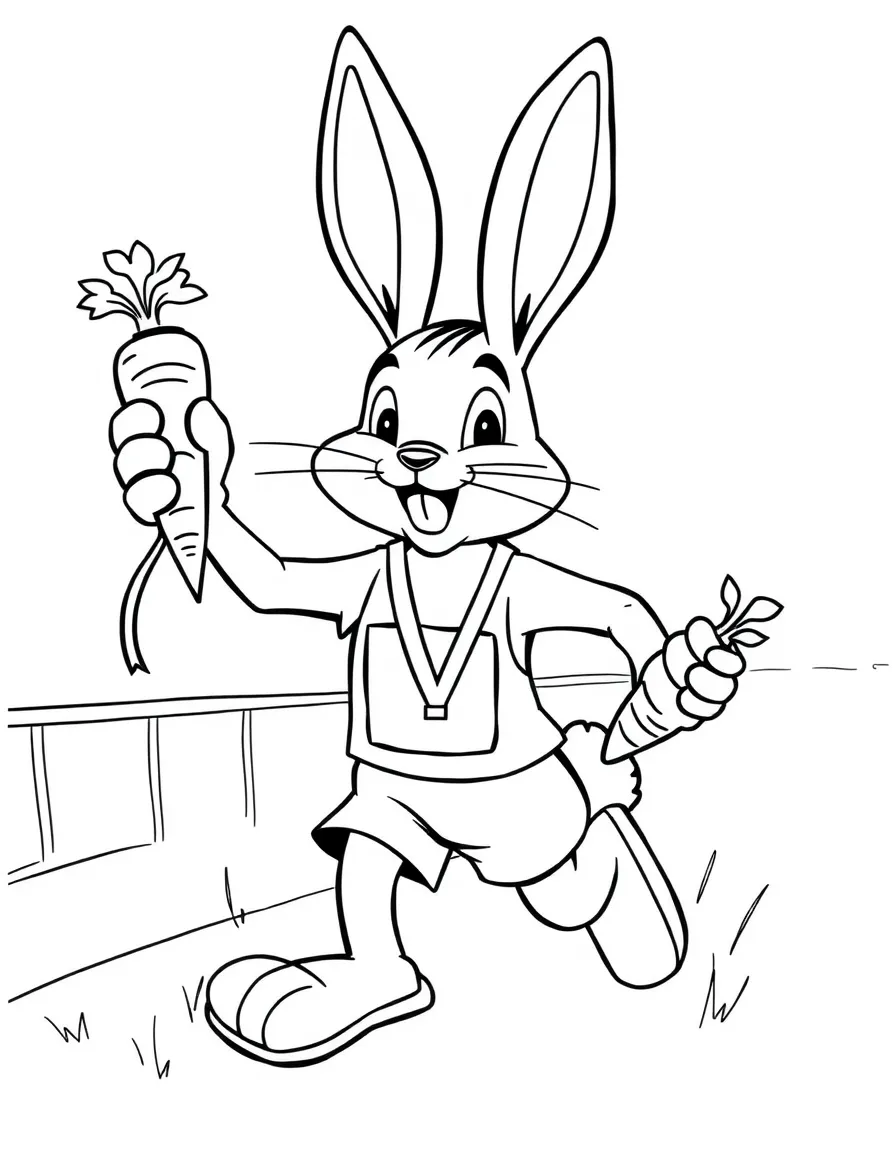 A bunny athlete winning a race with a carrot trophy