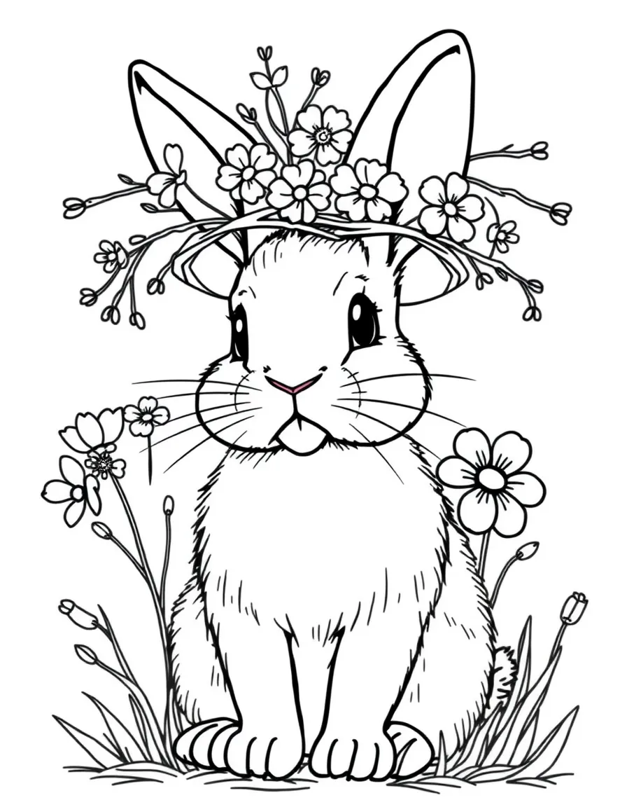 A bunny wearing a hat made of twigs and spring flowers