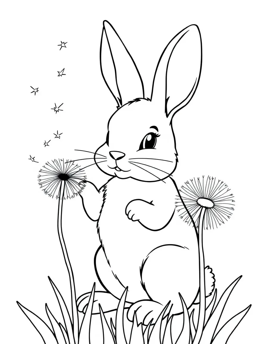 A bunny making a wish on a dandelion puff