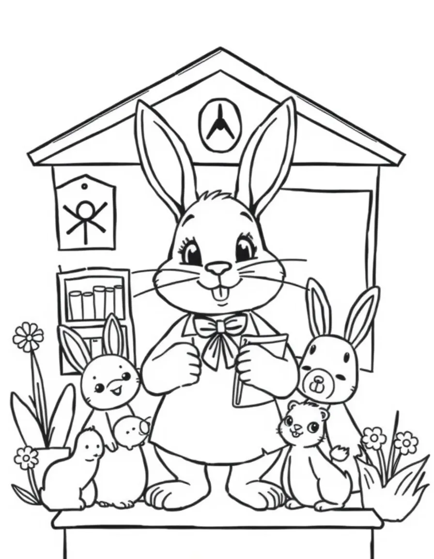 A bunny teacher at a school for baby animals