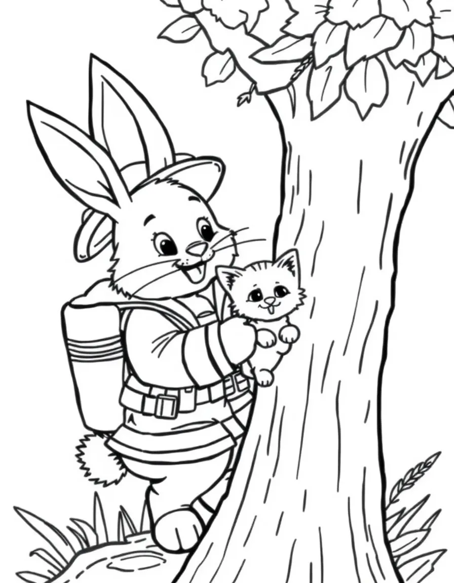A bunny firefighter rescuing a kitten from a tree