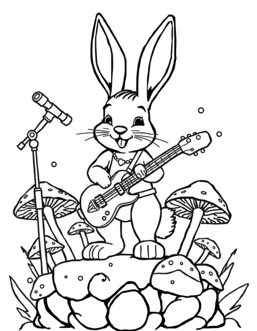 A bunny rock star performing on a stage made of mushrooms