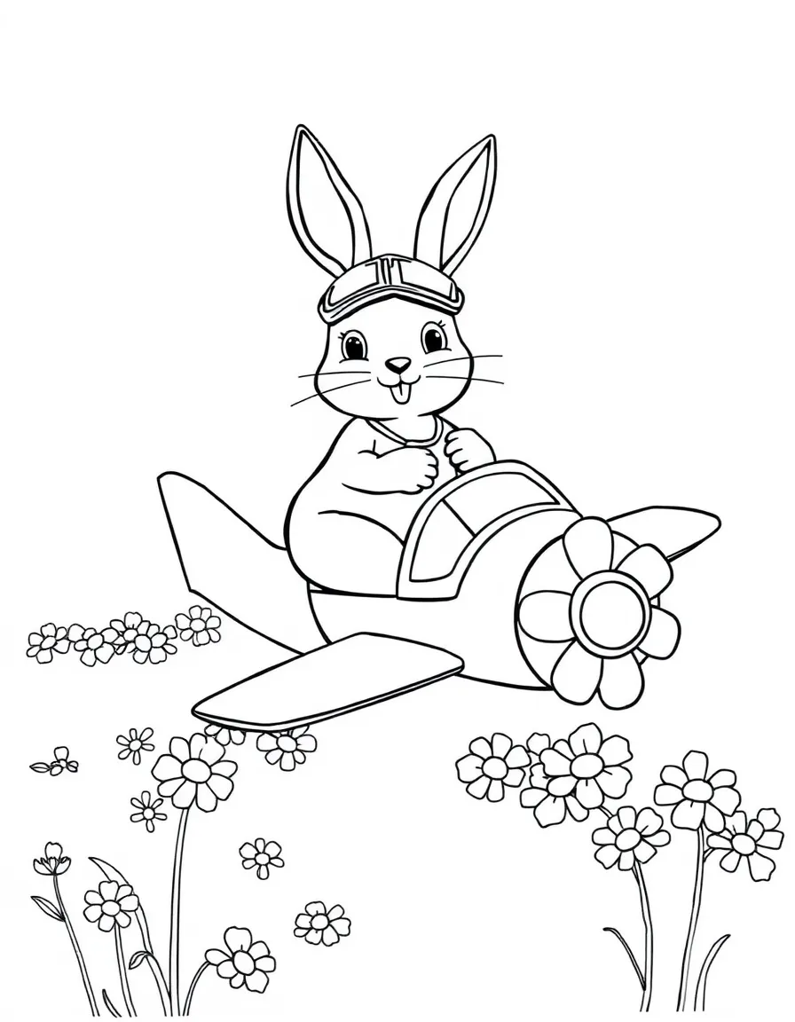 A bunny pilot flying a plane that leaves a trail of flowers